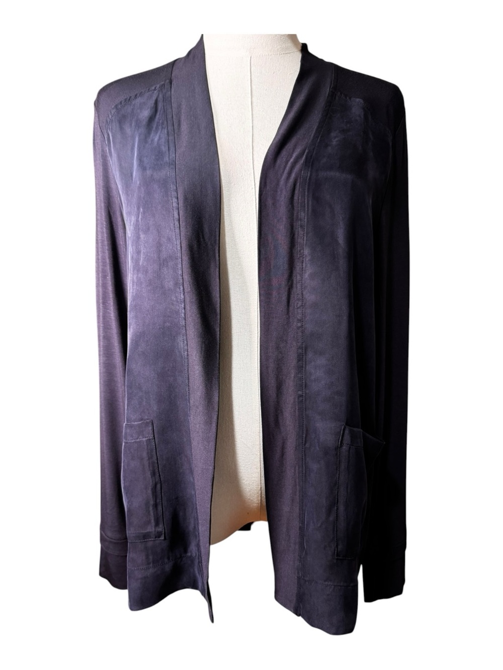 Ecru Navy Blue Mixed Media Open Front Suede-Feel Cardigan Jacket Small NWT